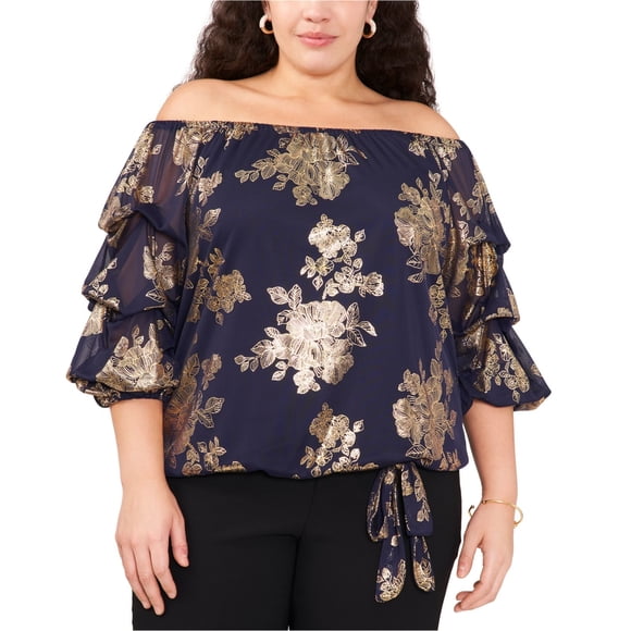 MSK Womens Off Shoulder Puff Sleeve Ruffled Blouse, blue, Plus Size, 1X