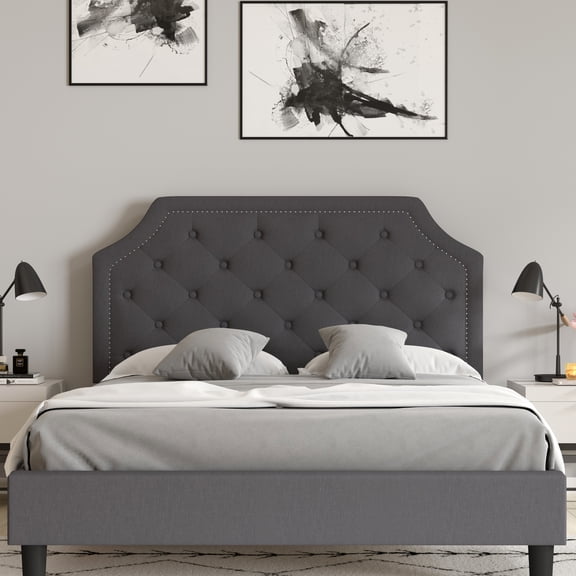 Merrick Lane Provence Queen Size Platform Bed with Slatted Support Contemporary Dark Gray Tufted Fabric Upholstery with Gold Accent Nail Trim