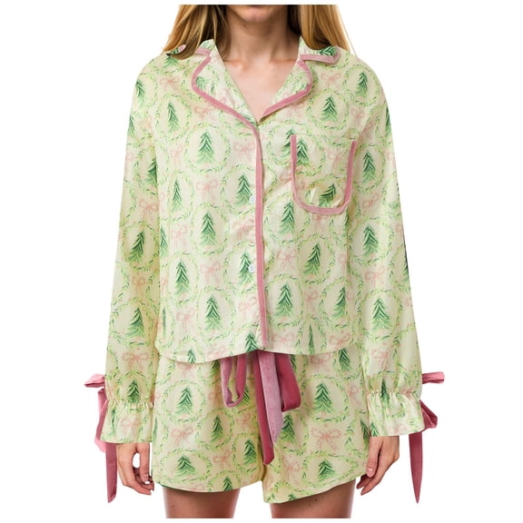 Lovskoo Christmas Pajamas for Women Set 2 Piece Bow Sleepwear Set Tie Cuff Long Sleeve Print Button Shirt Ruffle Shorts X-Green L