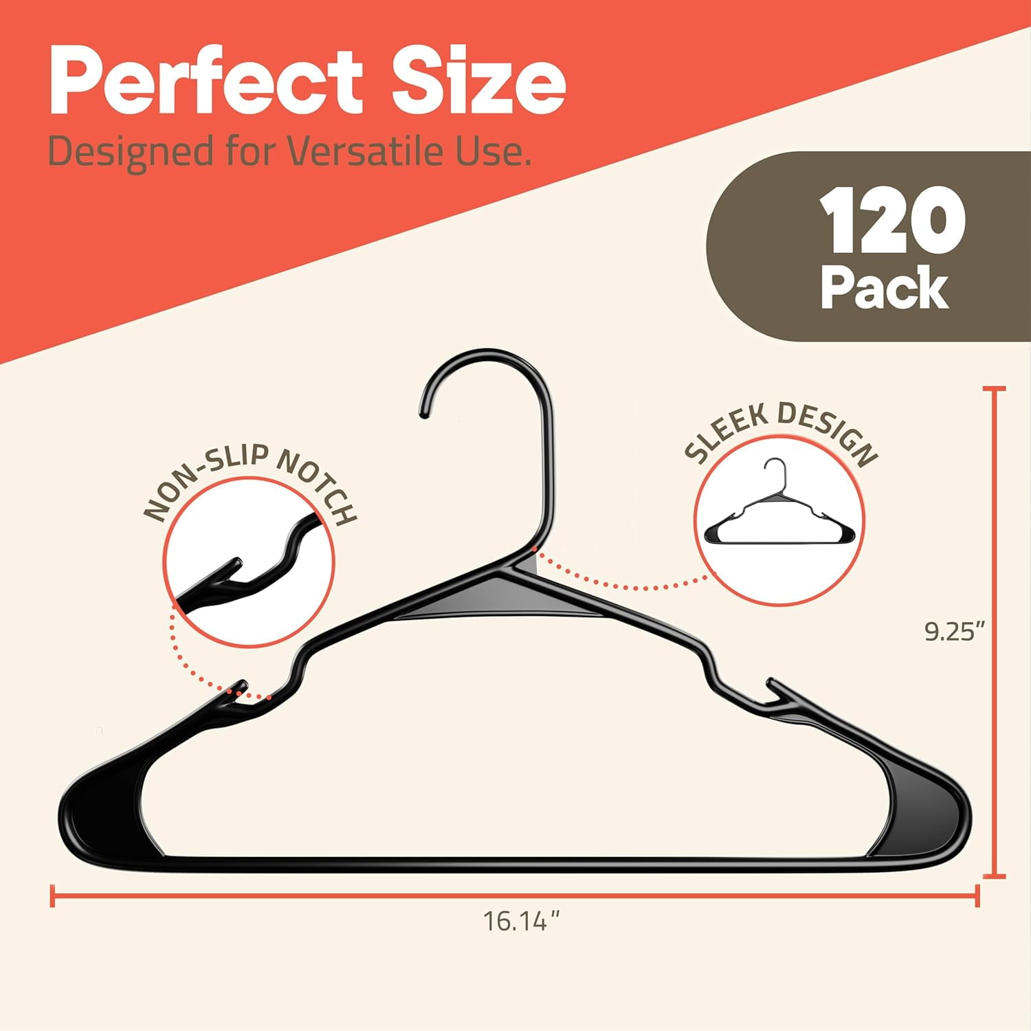 Black Plastic hangers 120 Pack– Heavy-Duty Plastic Hangers Slim and Space-Saving Hangers, Durable & Lightweight PP Hangers with Non-Slip Shoulder Notches for Slip Dresses, Suits, Jackets & Camisoles