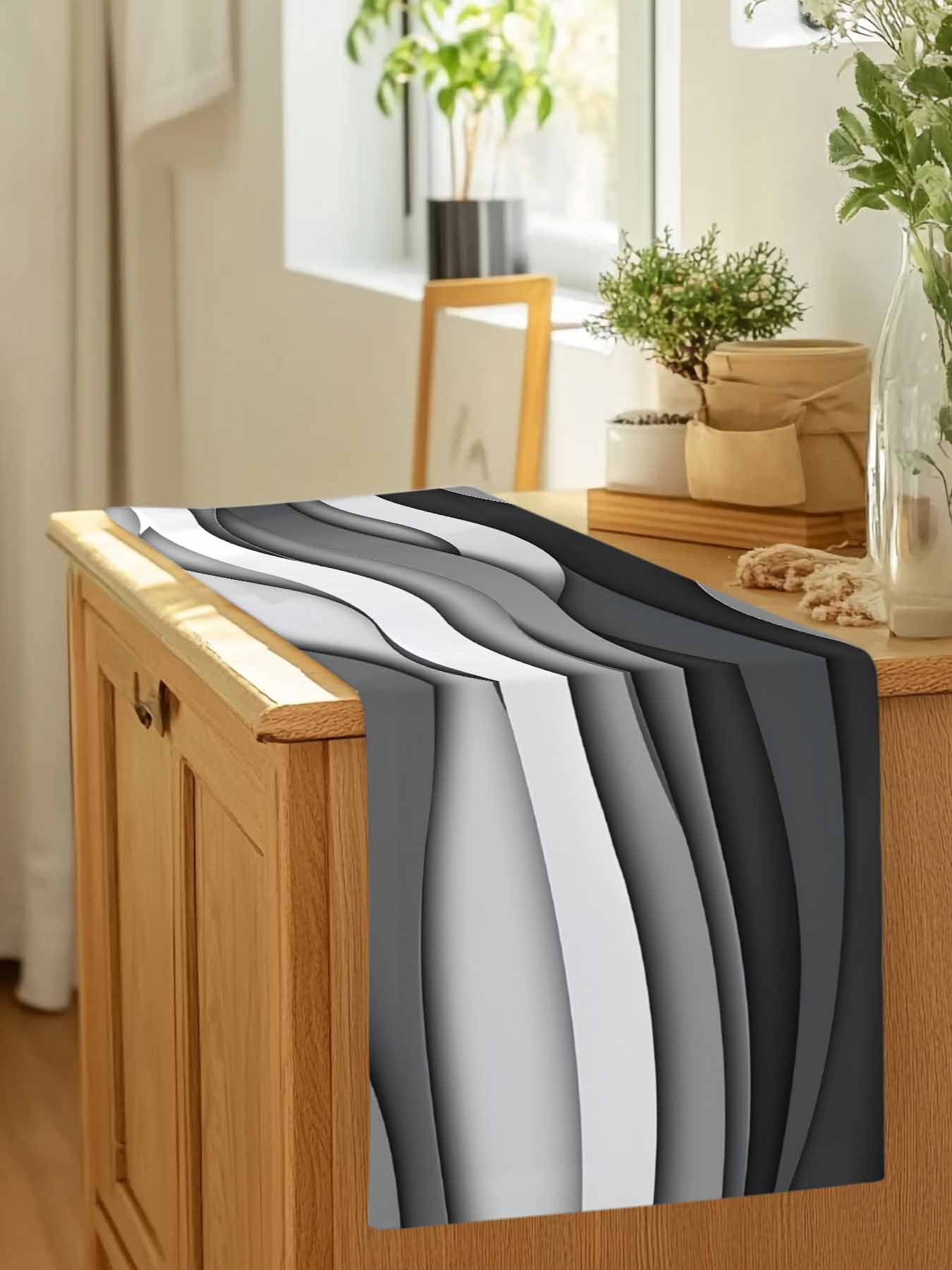 Gray Gradient Abstract Geometric Table Runner 90 Inches Long, Water Ripples Table Runners Tabletop Scarf Kitchen Dining Tables Decoration for Home Party Indoor Outdoor