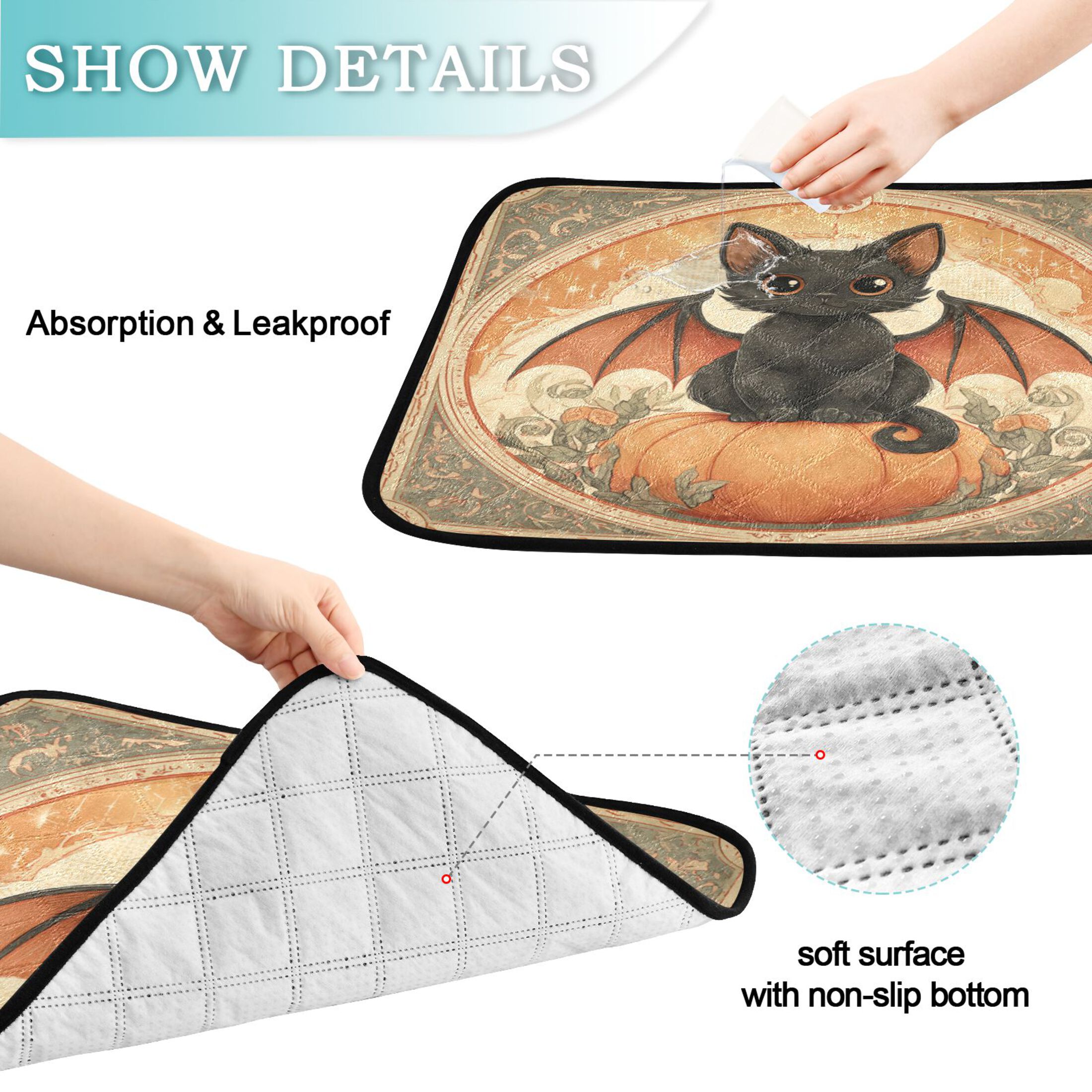 Qxltty Black Cat Angel Cat litter Pads Pet Set of 3 Diaper Mats Center Anti-leakage Layer Absorbent Soft and Comfortable