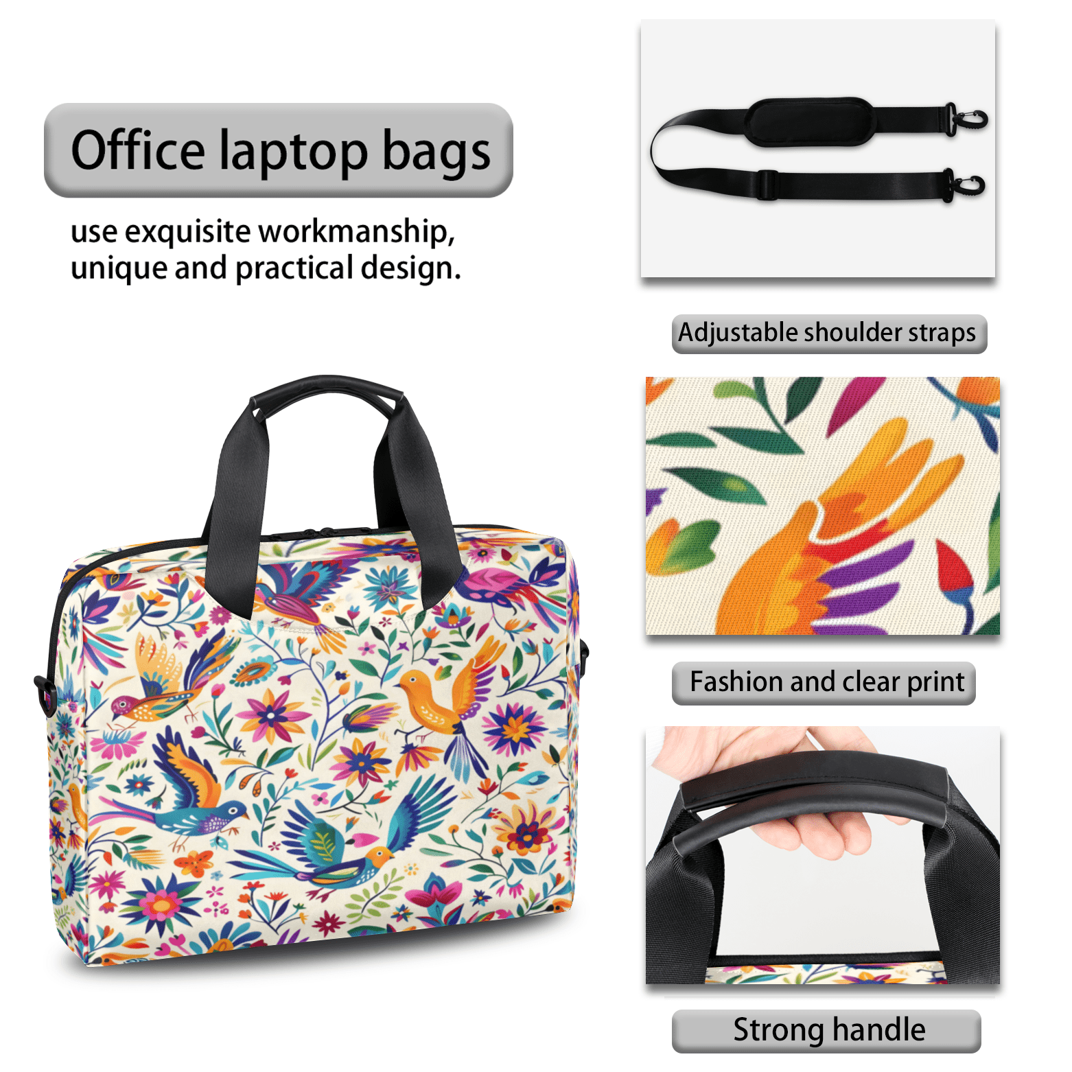 Herdesigns Mexica Mexico Floral Bird Laptop Bag for Women Men, Computer Case Briefcase Messenger Bags, 15-15.6 inch Laptop Sleeve Shoulder Bag