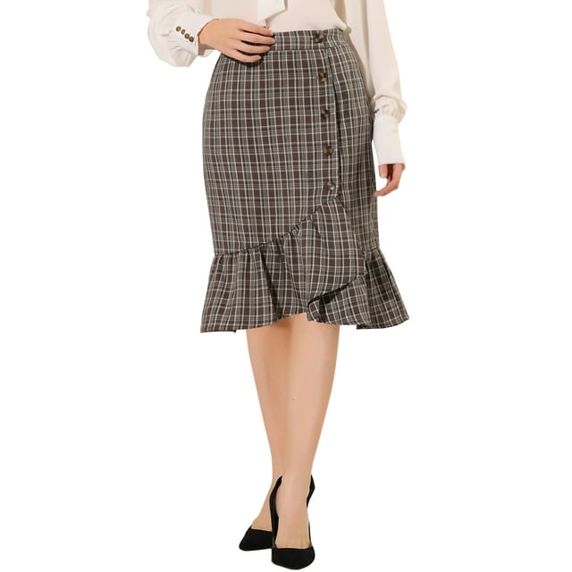 INSPIRE CHIC Women's Plaid Button Closure Elastic Waist Back Ruffle Fishtail Skirt S Brown