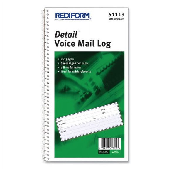 2PK Rediform Detail Wirebound Voice Mail Log Book, One-Part (No Copies), 5 x 1.63, 6 Forms/Sheet, 600 Forms Total (51113)