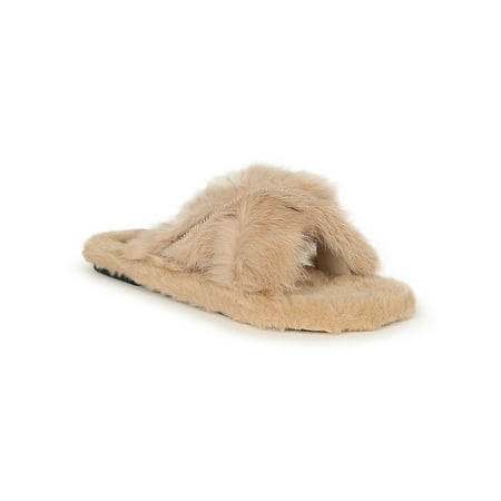 Image of Atalina Rhinestone Trimmed Faux Fur Criss Cross Slide Sandals 20409