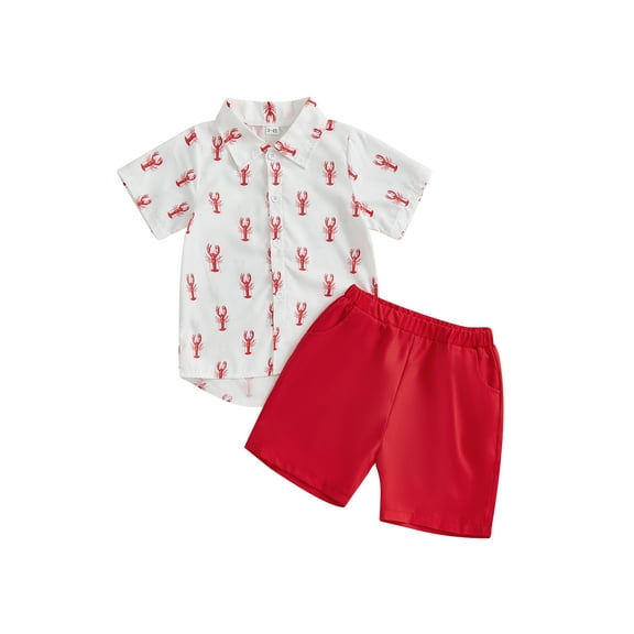 BemeyourBBs Boys Summer Shorts Sets Short Sleeve Lapel Lobster Print Tops Shorts