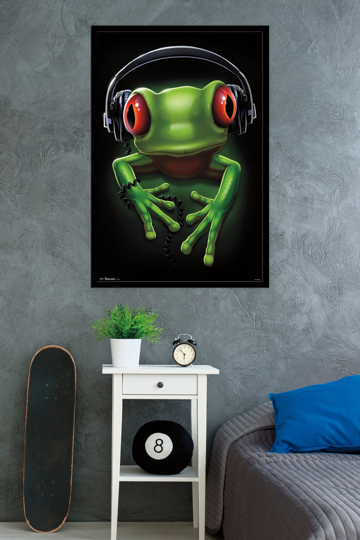 Frog - Headphones Wall Poster, 22.375" x 34", Framed
