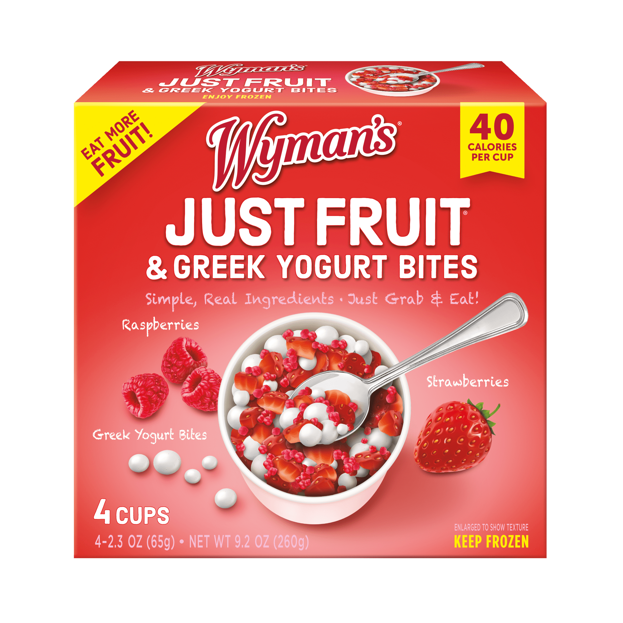 Wyman's Just Fruit & Greek Yogurt Bites, Raspberry & Strawberry, 4 Pack of 2.3 oz Cups (Frozen)