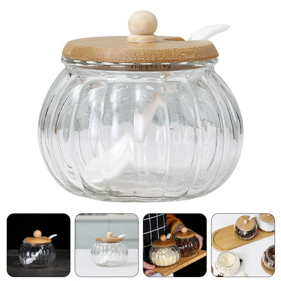 Clear Glass Sugar Bowl with Serving Spoon and Bamboo Lid, Farmhouse Kitchen Countertop Canisters, Container Jar Dispenser Holder for home kitchen