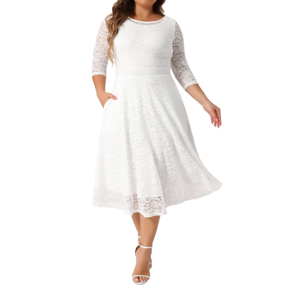 Agnes Orinda Women's Plus Size Formal Dress Floral Lace Scooped Neckline 3/4 Sleeves with Pocket Knit Cocktail Party Dresses 1X White