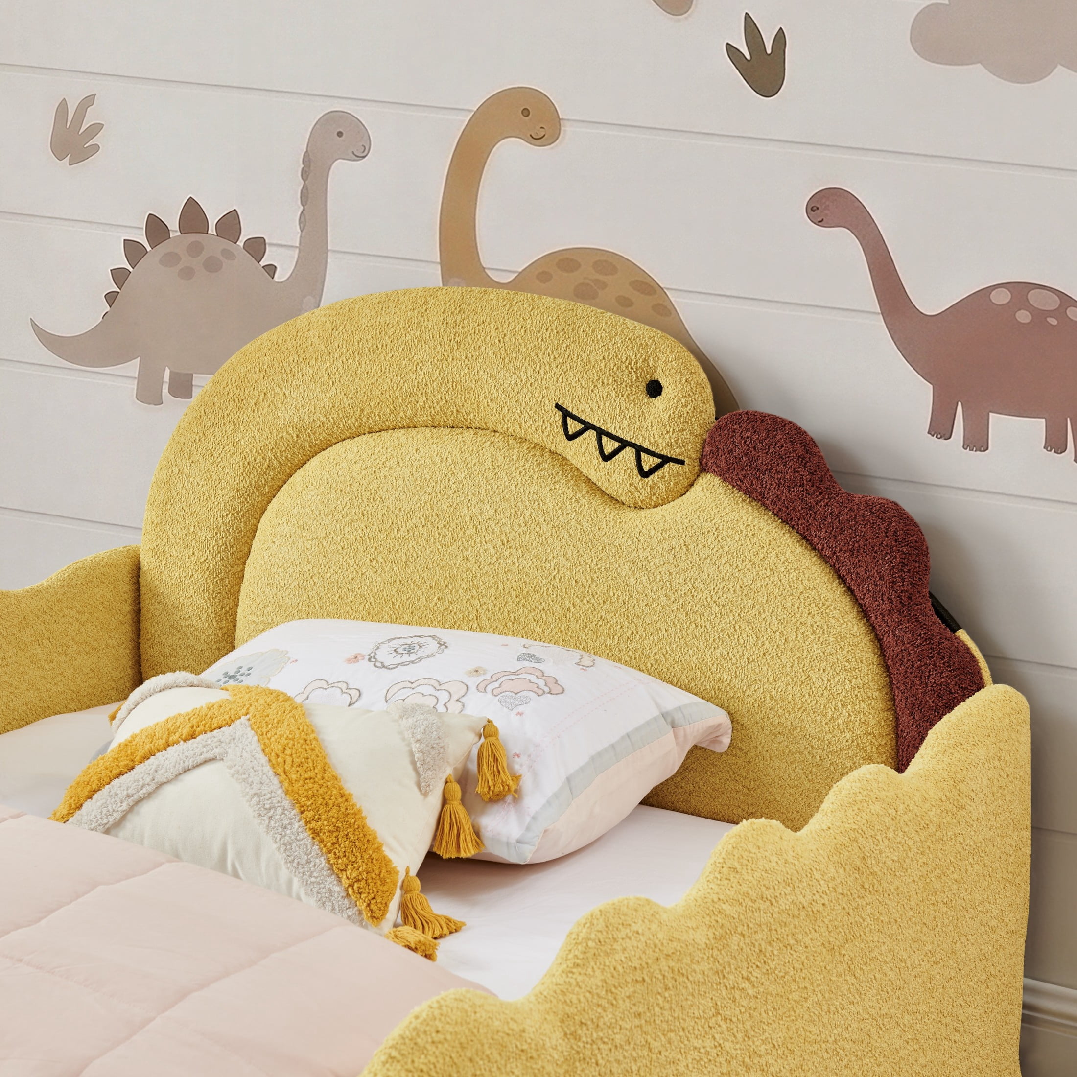 GDF Studio Full Size Cute Dinosaur Bed with Safety Guardrails & Solid Wood Frame, Boucle Fabric Upholstered Bed, Yellow