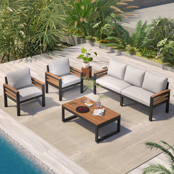 4-Piece Outdoor Patio Conversation Set, Modern Iron Patio Furniture Set for 5 People with Acacia Wood Armrests Removable Cushion and Solid Wood Coffee Table for Garden and Backyard, Beige