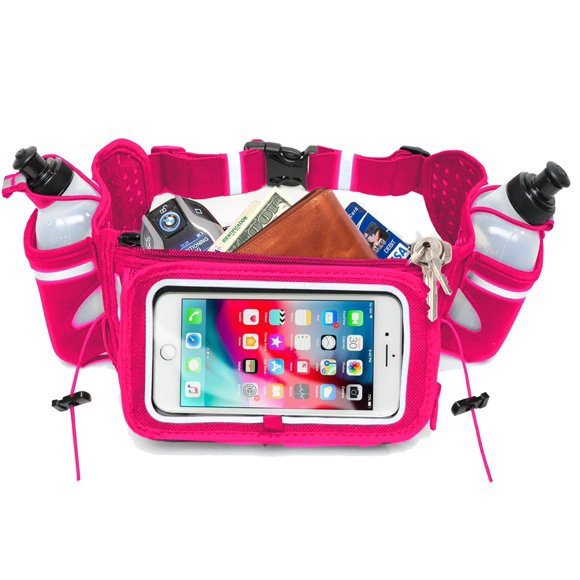No.1 Hydration Belt by Runtasty - Premium Winners' Running Fuel Belt w/2 BPA-Free 10 oz Water Bottles, Tilt-Up Pocket w/Touchscreen-Ready Cover - Fits All iPhones, No-Bounce Design (Hot Pink)