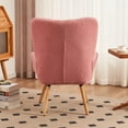 thumbnail image 2 of FERPIT Modern Accent Chair, Upholstered Teddy Velvet Vanity Chair with Arms Tall Back Desk Chair with Solid Wood Legs for Living Room Bedroom Waiting Room, Pink, 2 of 5