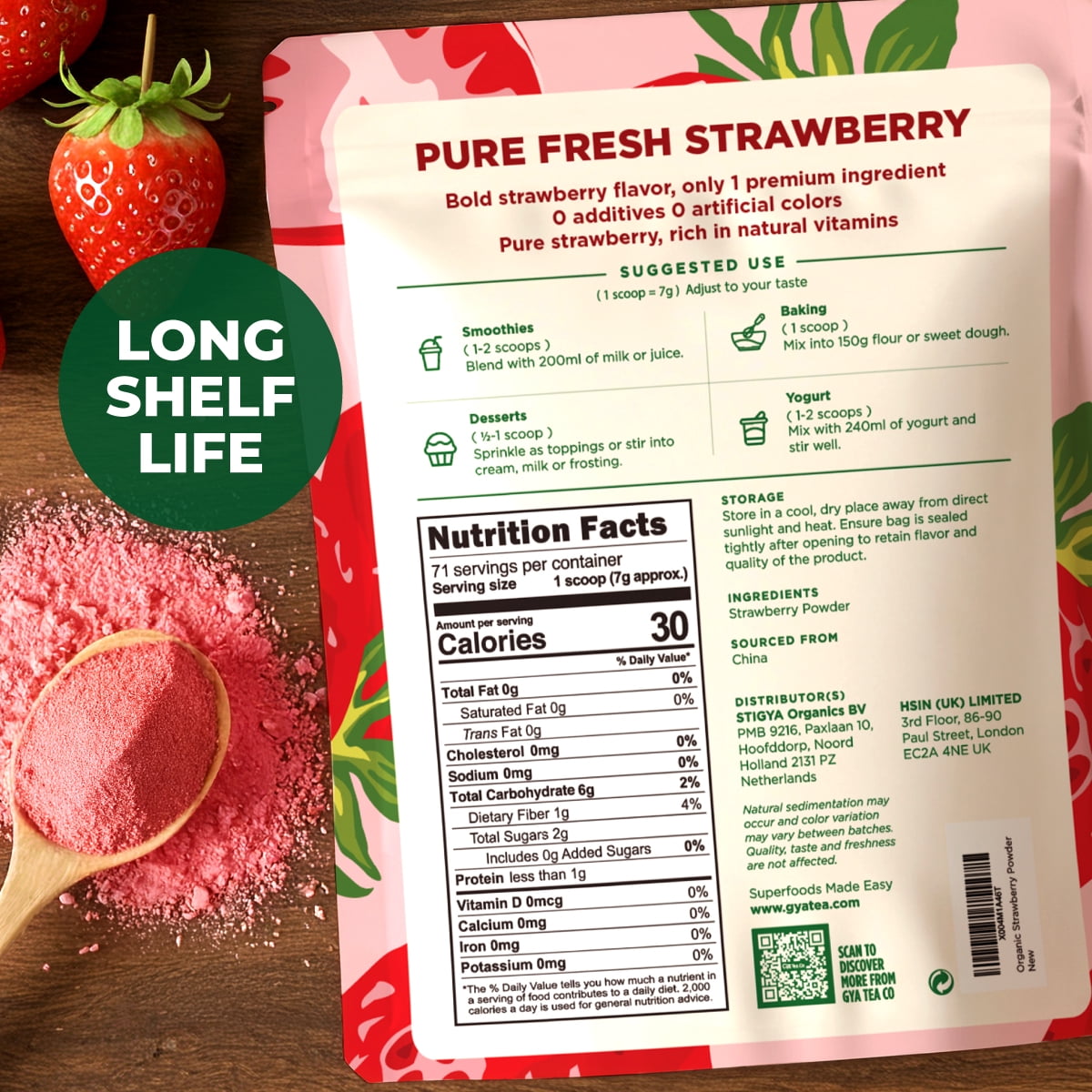 Gya Tea Co Strawberry Powder 1.1lb (17.64 oz) - Freeze Dried Strawberries, Non GMO, Gluten Free, Sugar Free, Natural Strawberry Fruit Powder for Baking, Icing, Cakes & Smoothies, Vegan Friendly
