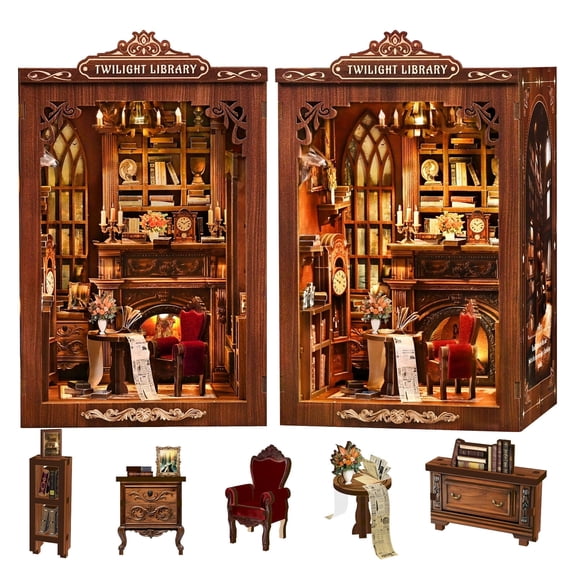 NUAHRHY Book Nook Kit, DIY 3D Wooden Nook Bookshelf Puzzles Insert with LED Light, Miniature Tiny House Kit Bookshelf Decor, Bookish Gift for Family, Friends, Book Lovers