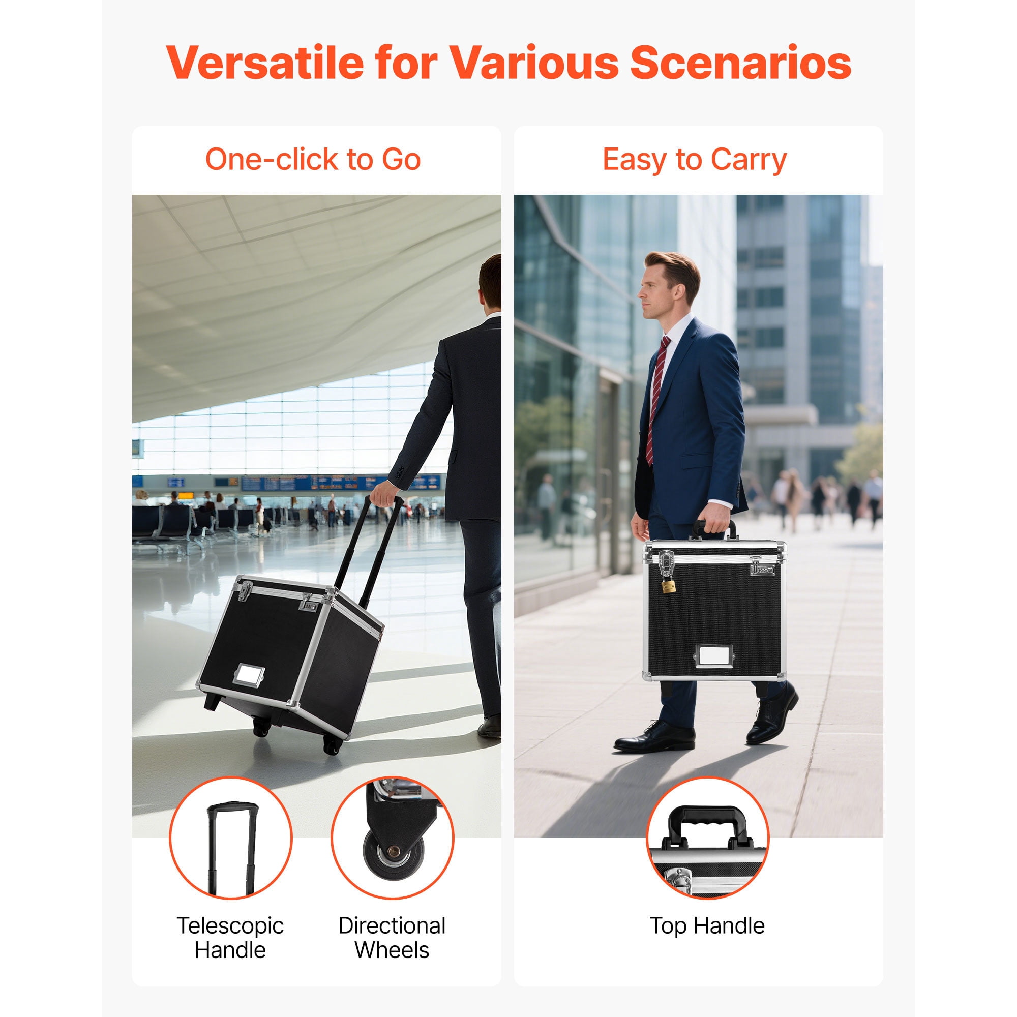 KFFKFF Portable File Storage Box, 15.6 x 12.6 x 15 inch Internal Dimensions, Lockable Mobile Organizer with Telescopic Handle, Rolling File Case for Home, Office, Hospitals, and Banks