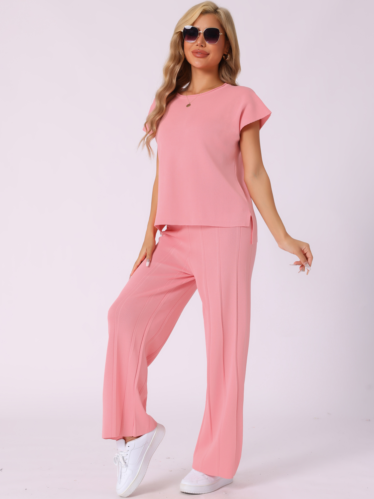 DARING DIVA Women's 2-Piece Short Sleeve Tops Wide Leg Pants Sets S Pink