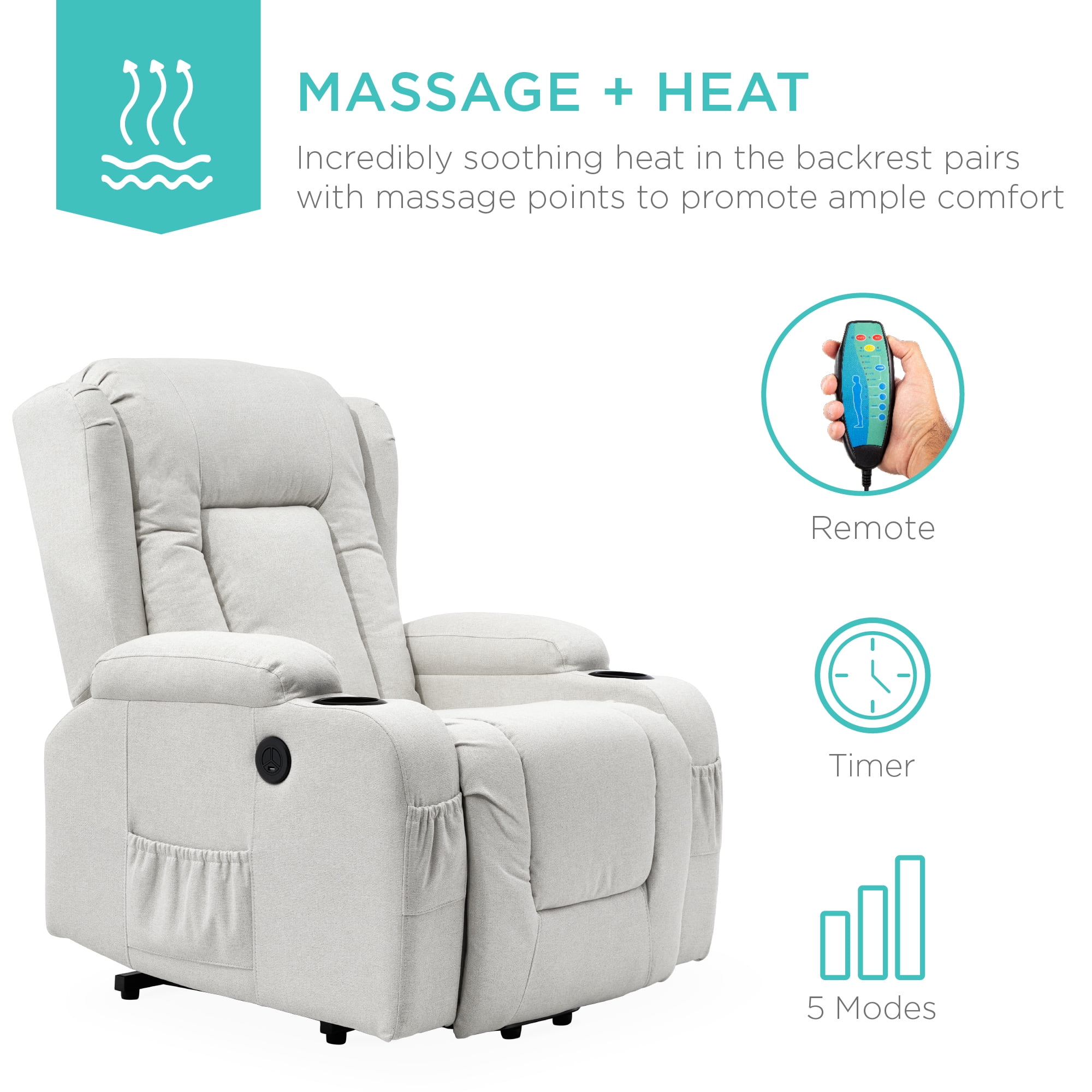Best Choice Products Electric Power Lift Linen Recliner Massage Chair Furniture w/ USB Port, Heat, Cupholders - Ivory