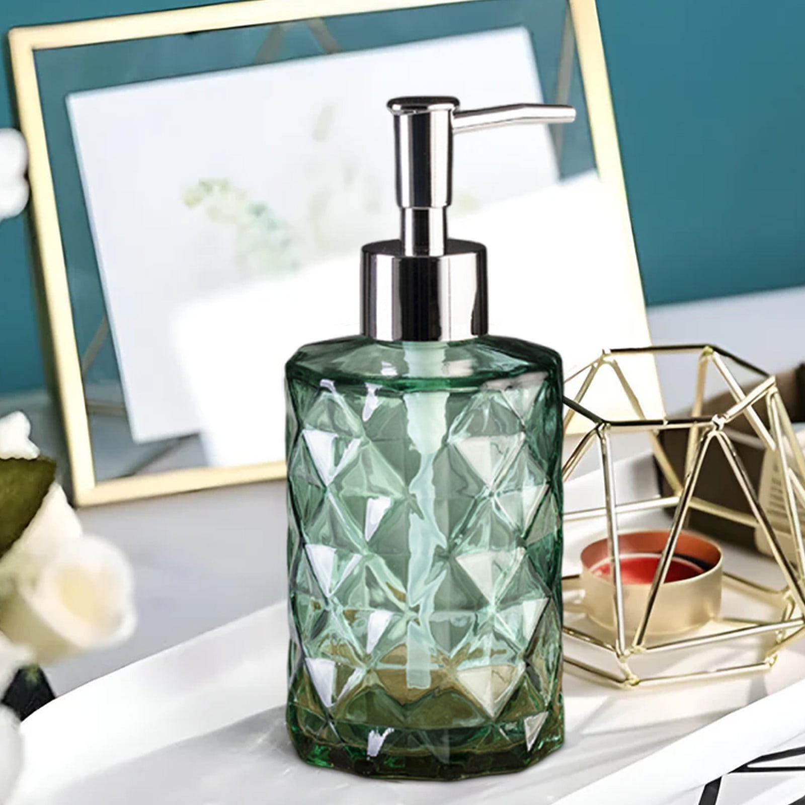 YiJuHui 3pcs Refillable Glass Soap Dispenser Pump Bottle with Diamond Pattern Design for Kitchen and Bathroom Decor
