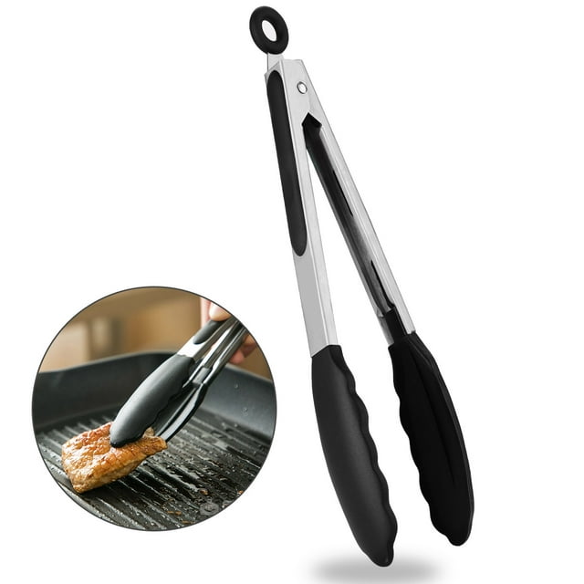 Chainplus Pinces en Silicone Premium pour Cuisine 12” - Poignée en Acier Inoxydable Antidérapante et Facile à Saisir - Résistant à la Chaleur, Qualité Alimentaire - Ustensile Pratique pour Cuisiner, Servir, Barbecue, Buffet, Salade, Glace, Four (Noir)