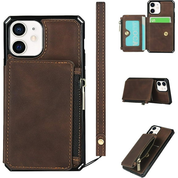 Wallet Case with Card Holder for iPhone 12 Mini,RFID Blocking Luxury PU Leather Kickstand Card Slots,Magnetic Clasp and Wrist Strap Zipper Pocket Flip Case for iPhone 12 Mini 5.4",Brown
