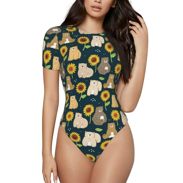 Fotbe Bear Sunflower Body de Mujer con Cuello Redondo y Mangas Cortas, Sin Mangas Ajustado, Suave, Cómodo y Básico-Small