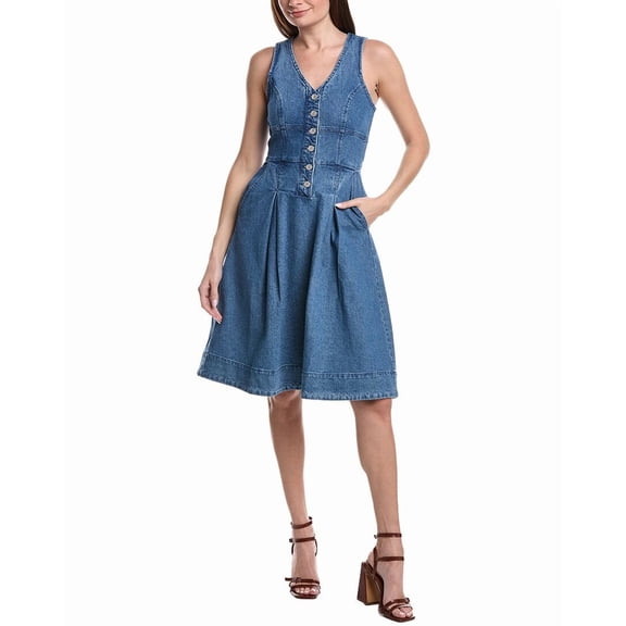 Avec Les Filles womens  Button Front Fit & Flare Dress, 4, Blue