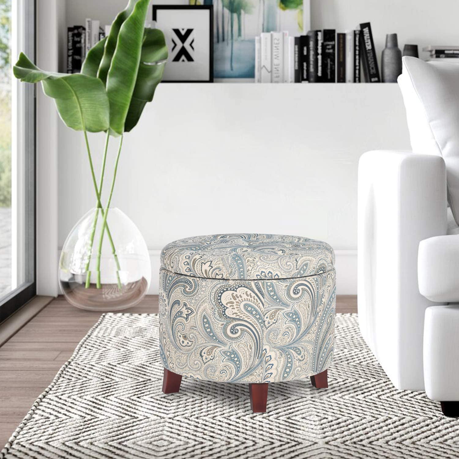 Round Ottoman Foot Rest Stool, Fabric Padded Seat with Non-Skid Wooden –  Ashley Area Rugs
