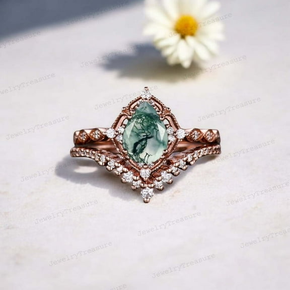 JEWELRYTREASURE 7x5 mm Pear Cut Moss Agate Enaggement Ring Setk Solid Gold Bridal Ring Set Art Deco Handmade Jewelry CZ Diamond Curved Band Gift for Her