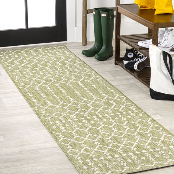 JONATHAN Y SANTA MONICA 2 x 8 Runner Rug, Ourika Moroccan Geometric Textured Weave - Light Green/Cream, SMB108N-28