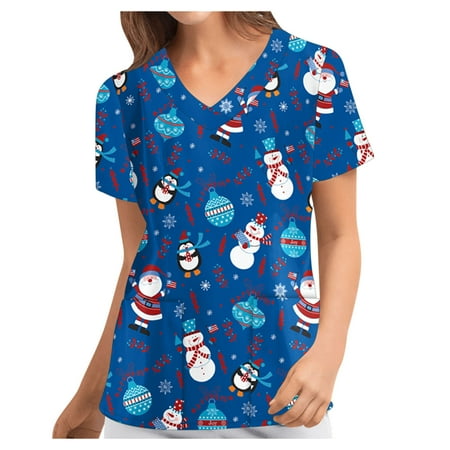 

Christmas Scrub Tops for Women Santa Claus Printed Short Sleeve V-Neck Scrub Shirts Nurse Working Uniform with Pockets