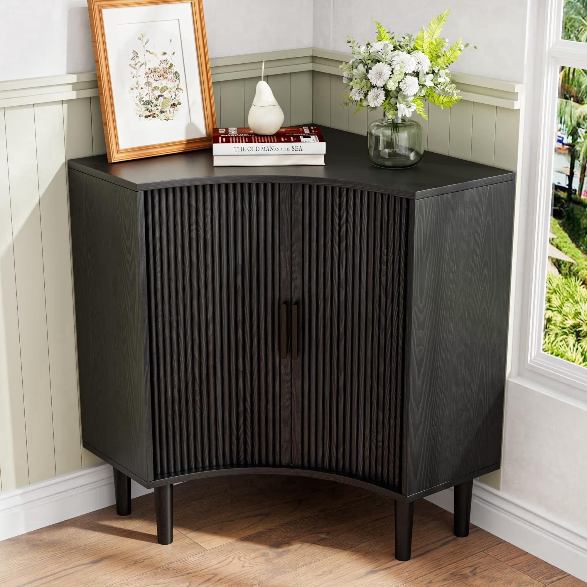 Modern Fluted Corner Cabinet with Sliding Doors, Small Wood Corner Storage for Small Space, Black