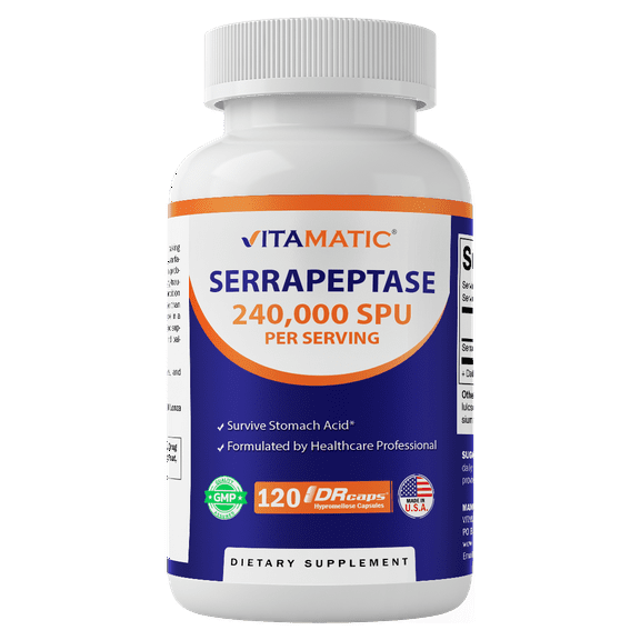 Vitamatic Serrapeptase 240,000 SPU Servings, 120 Delayed Released Capsules - Enteric Coated - Non-GMO & Gluten Free - Made in The USA (120 Count (Pack of 1))