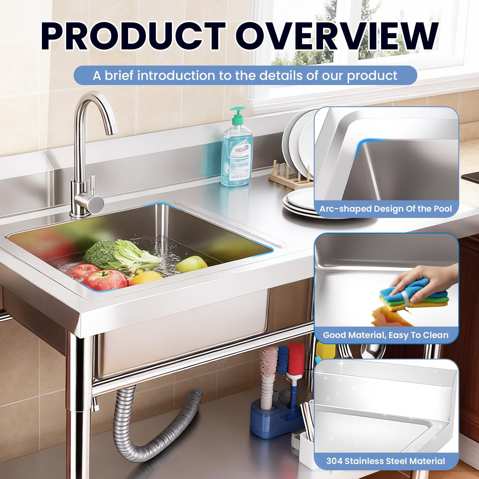 Stainless Steel Commercial Utility Sink with Cold & Hot Water Faucet, Heavy Duty Free Standing Sink, Outdoor Freestanding Kitchen Sink for Food Truck & Stall