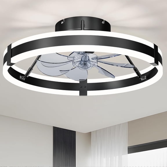 Low Profile Bladeless Ceiling Fan with Lights & Remote - 19.7" Flush Mount Fandelier Light Fan for Bedroom/Kitchen, 3000-6000K Dimmable LED, 6-Speed Modern Fan with Lights for Home/Office