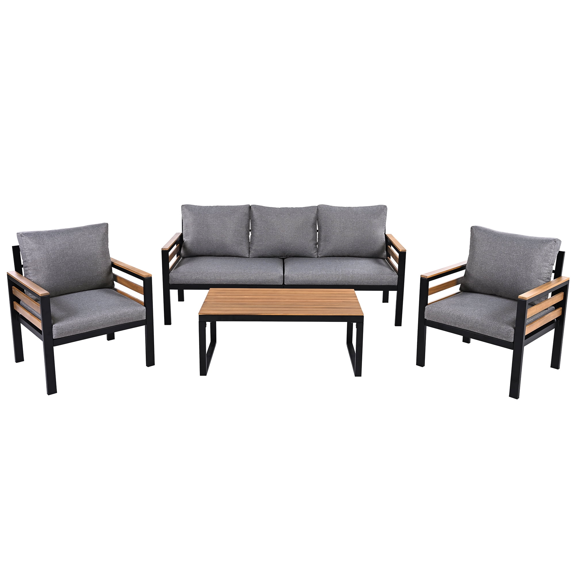 Leumius 4 Pieces Patio Furniture Set,Outdoor Patio Conversation Set with Removable Cushion and Solid Wood Coffee Table for Poolside, Backyard,Garden,Gray