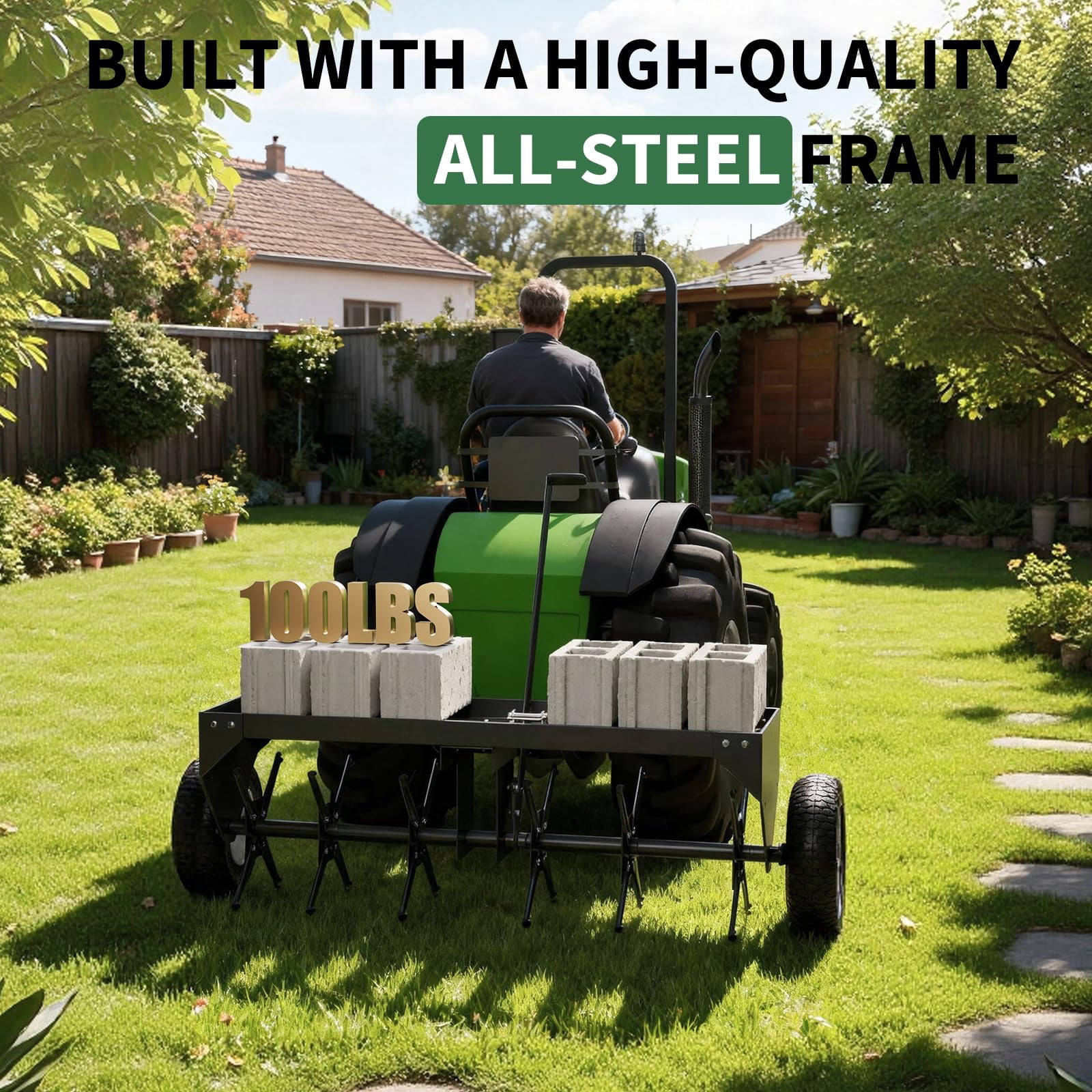 TEQIN Tow Behind Lawn Aerator,Tow Behind Aerator, Heavy Duty Plug Aerator With Hitch, Lawn Aerator Tow Behind With Steel Tines, Plug Aerator Tow Behind With Tray & Inflatable Wheels