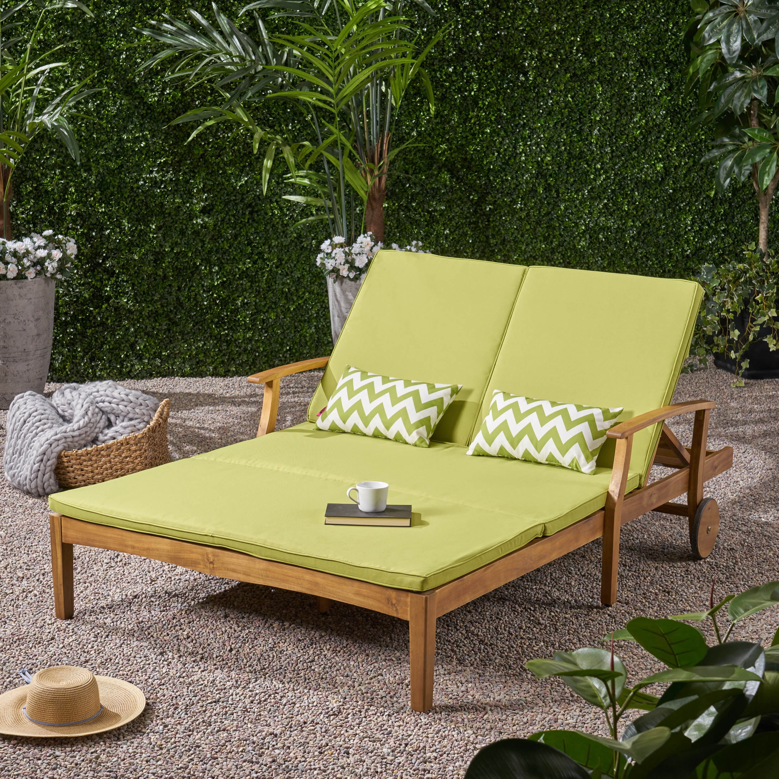 Outdoor Double Person Chaise Lounge, Dual Seat Recliner Chair for Patio Garden, Teak and Green