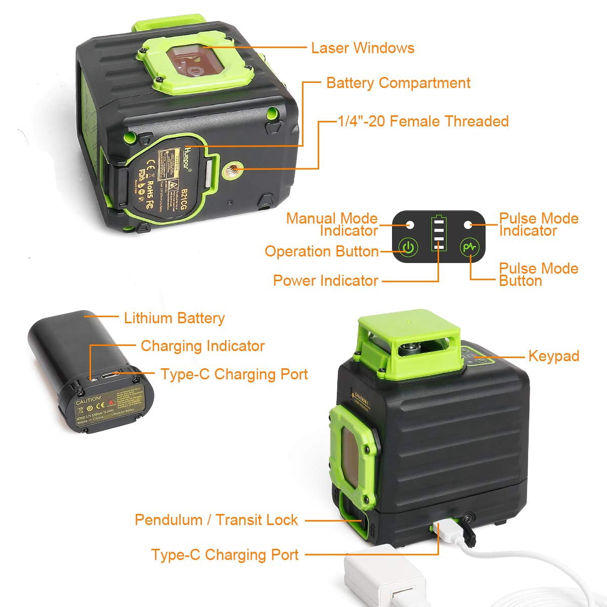 360 Degree Self-leveling Laser Level, 200Ft Green Beam Multi-Line Laser Level Tools with Li-ion Battery, Type-C Charging Port and 360° Magnetic Pivoting Base