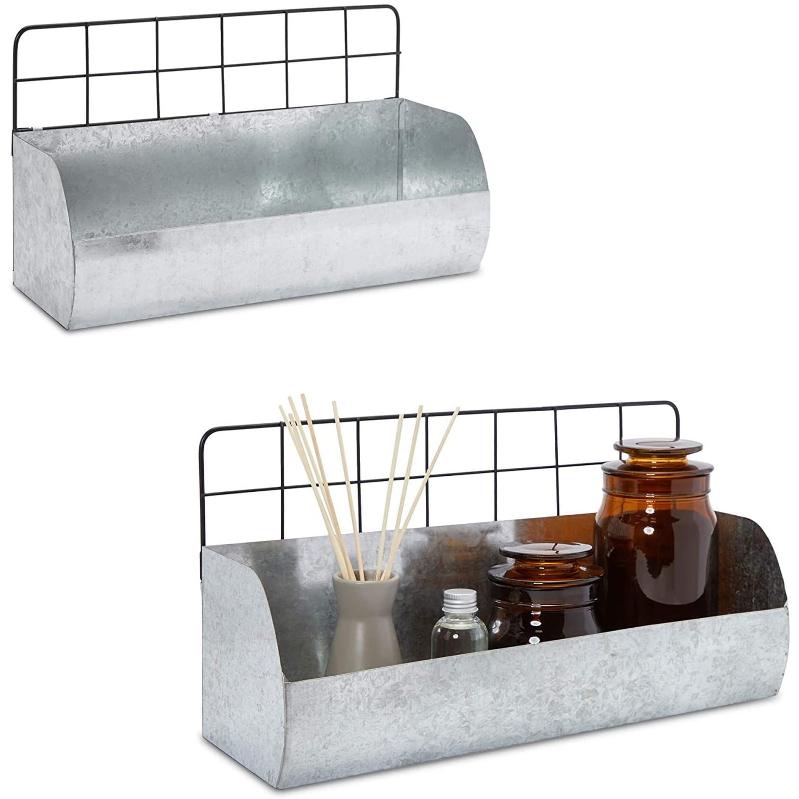 Galvanized Metal Floating Wall Shelves for Bathroom Kitchen Decor, 2 Sizes, Silver