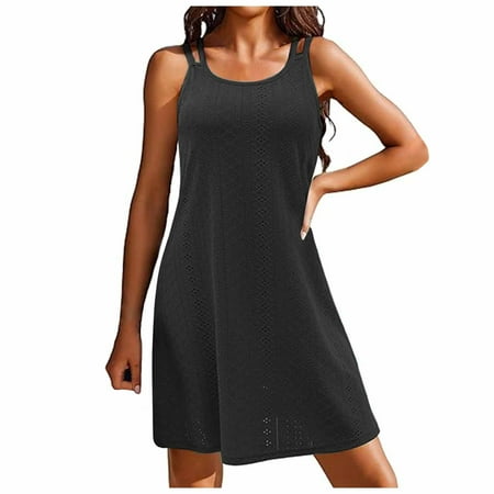 GHSOHS Summer Dress Sweet Womens Long Dresses Womens Swimsuit Cover Up Spaghetti Strap Eyelet Embroidery Scoop Neck Sleeveless Casual Summer Dress Bikini Coverup Dresses for Women 2024  XL