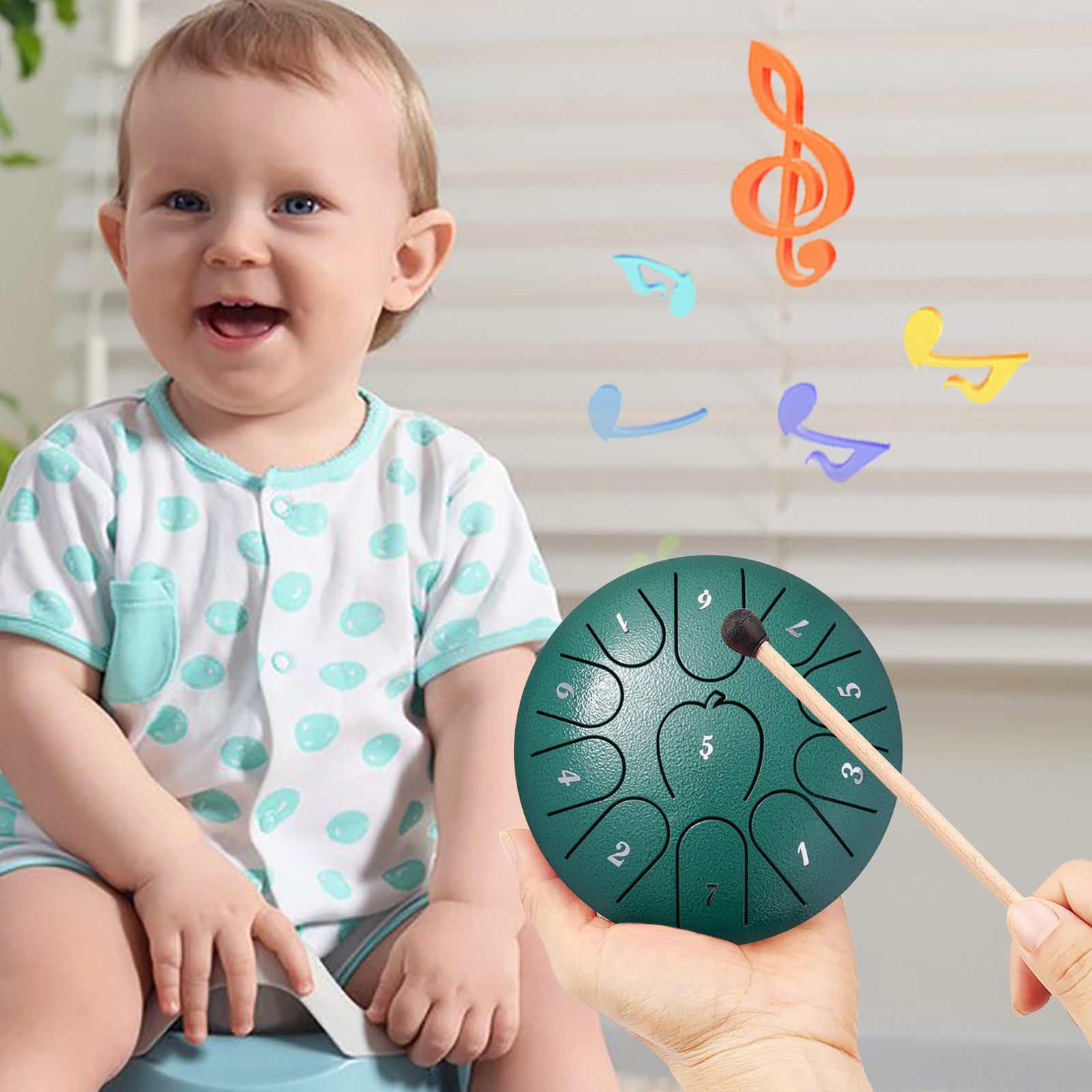 Qocolhg Outdoor Musical Rain Drums, 6 inch 11 Tone C Key Steel Tongue Drums for Outside, Musical Instruments for Toddlers 1-3, Mini Handpan for Meditation Yoga Zen Musical Education, Green