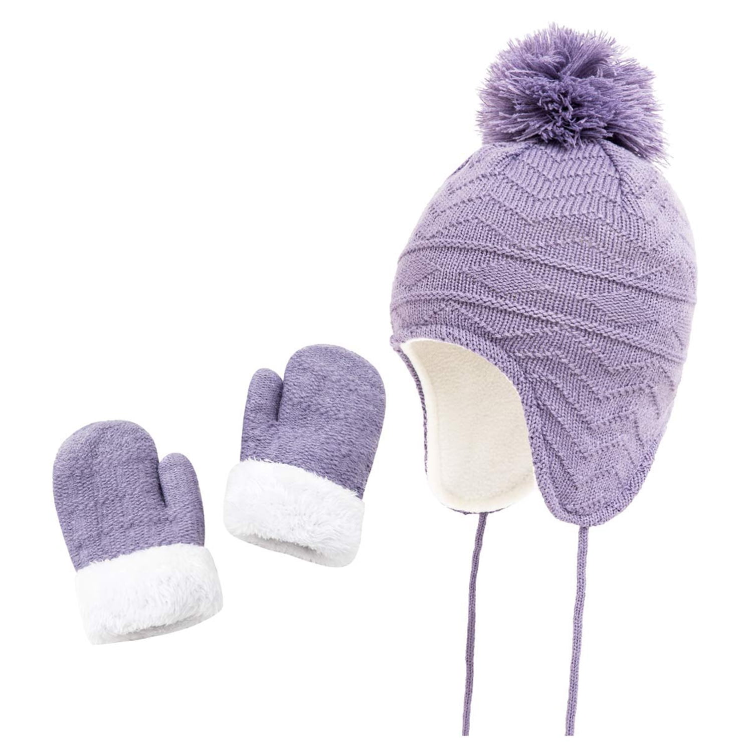 Baby Toddler Kids Girls Boys Hats and Gloves Set Winter Knit Earflap Beanie Warm Fleece Cap 1-6T 