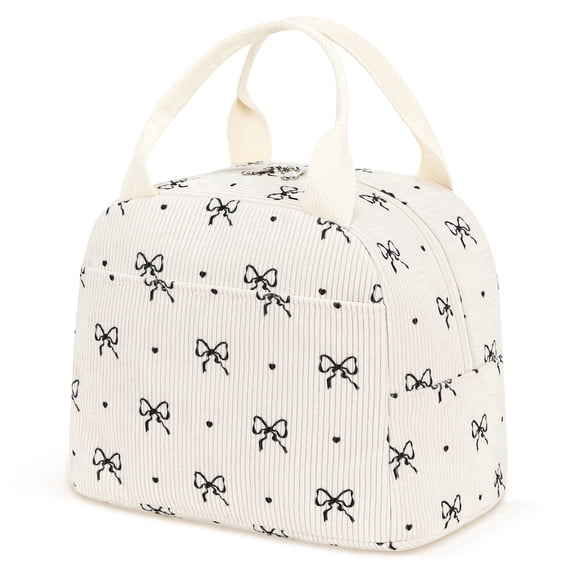 Inosoo Stylish Insulated Tote Lunch Bag for Women, Reusable Corduroy Lunch Box for School or Work, Black Bow Patterned