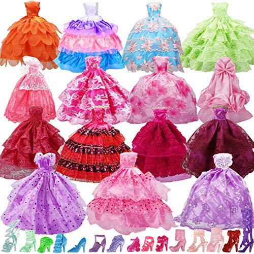 Asiv 17Pcs= 5Pcs Fashion Party Holiday Wedding Princess Clothes Dress with 12 Pairs of Shoes for Barbie Dolls
