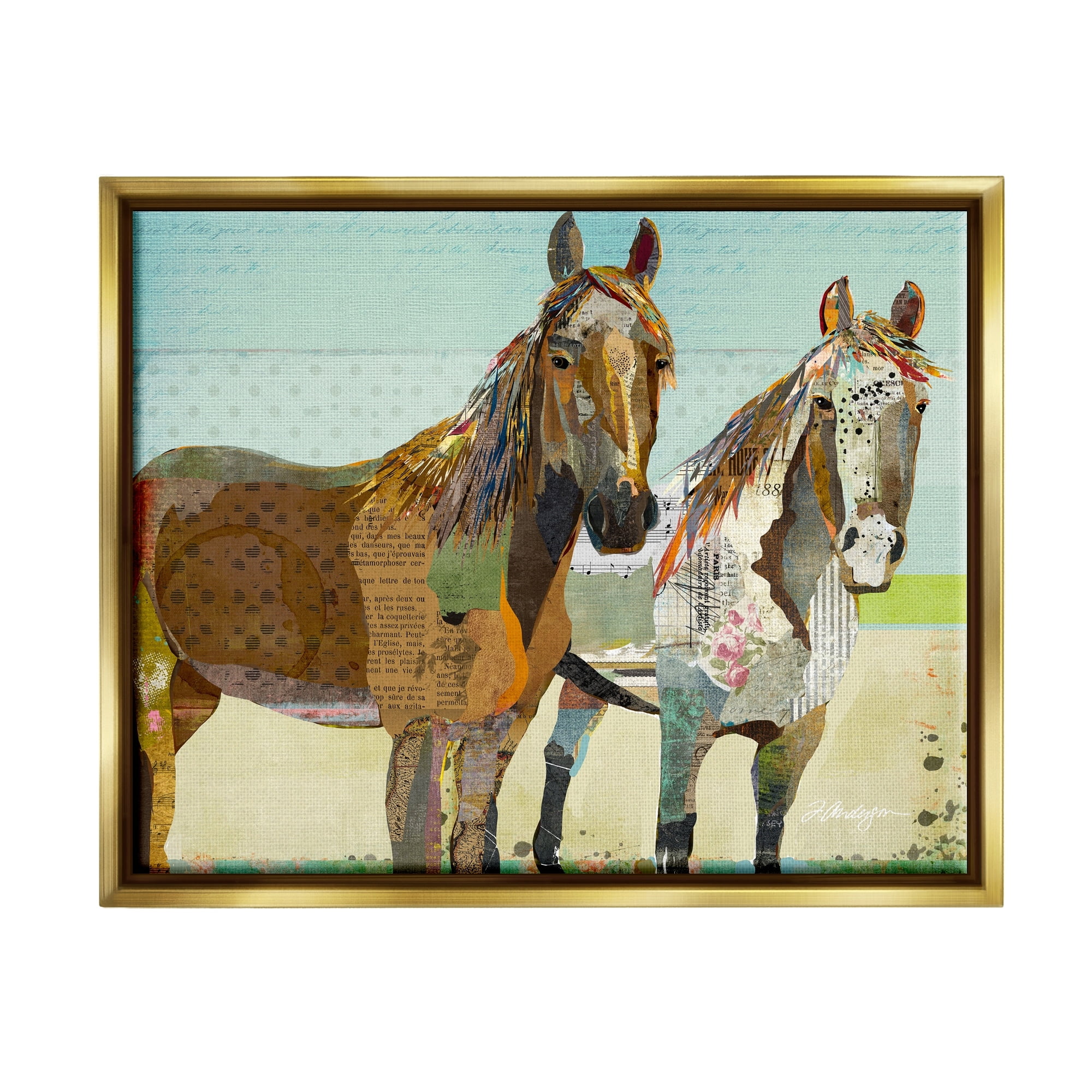 Stupell Industries Wild Farm Horses Layered Newsprint Collage Arrangement Graphic Art Metallic Gold Floating Framed Canvas Print Wall Art, Design by Traci Anderson