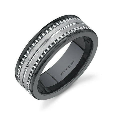 Oravo Flat Edge 7 mm Comfort Fit Mens Black Ceramic and Tungsten Combination Wedding Band Ring