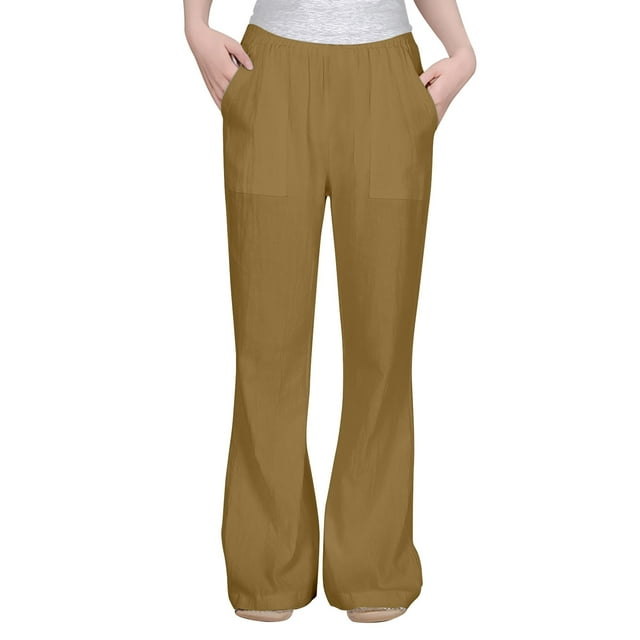 Girls Casual Flowy Loose Fit Linen Pants - High Waist, Wide Leg, Pockets, Polyester Blend, Age 5-14 Years, All-Season Versatile